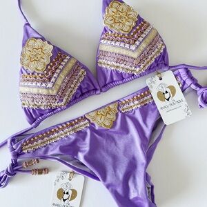 NWT Purple Gold Boho Swimwear Handmade Beaded Bikini Set Swimsuit